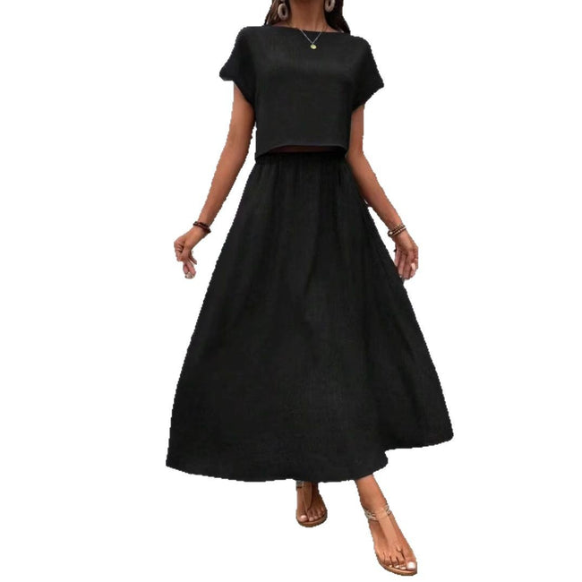 Ensemble 2 pièces femme, couleur unie, haut à manches courtes et robe décontractée trapèze Main Image