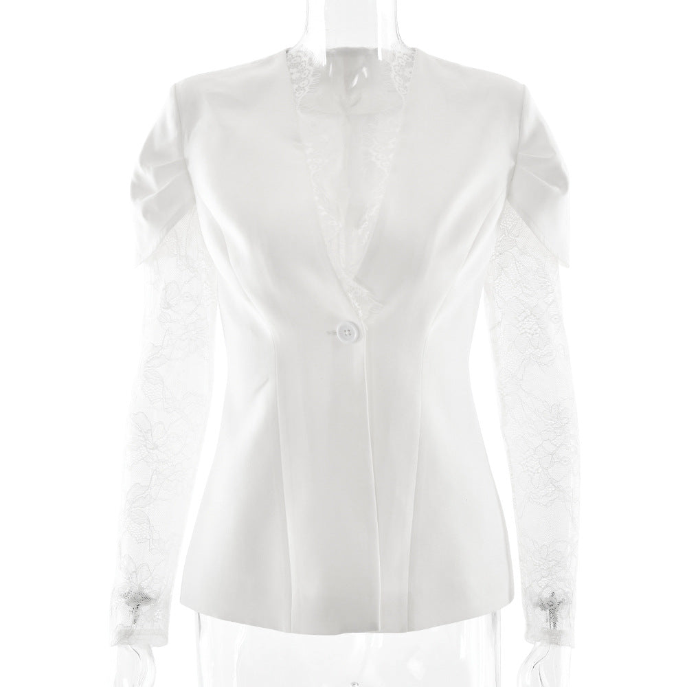 Blazer pour femme à panneau de dentelle et boucle unique