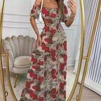 Robe longue à col une ligne imprimé et manches courtes avec taille creuse, pour les vacances d'été. Vêtements pour femmes.