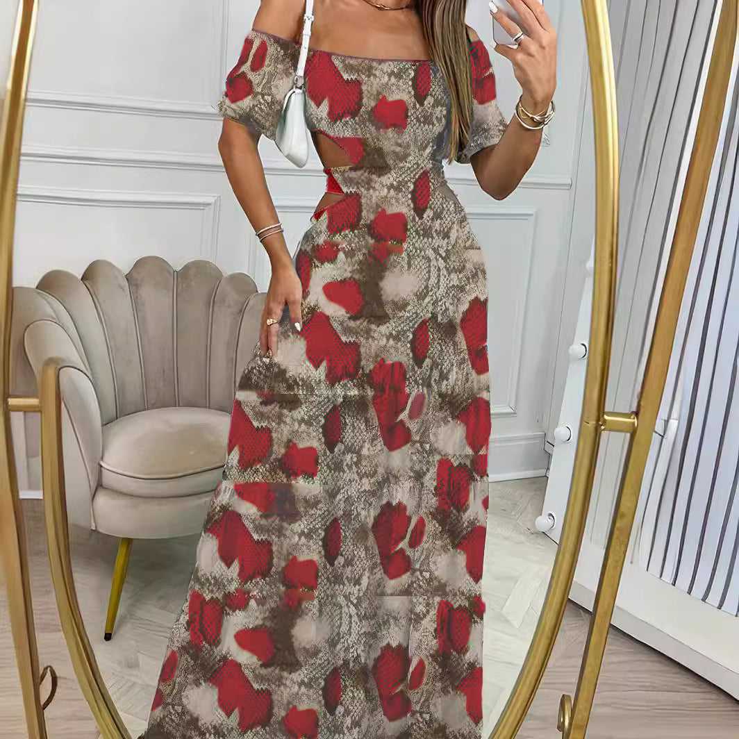 Robe longue à col une ligne imprimé et manches courtes avec taille creuse, pour les vacances d'été. Vêtements pour femmes.