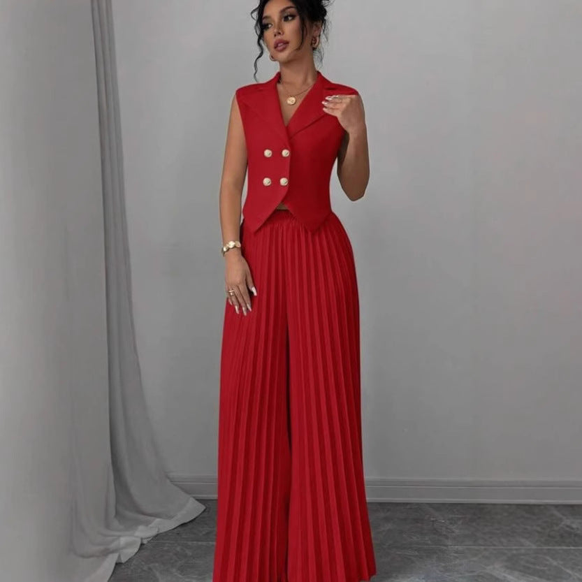 Ensemble de vêtements d'été sans manches pour femmes, avec veste à revers boutonnée et pantalon plissé droit.