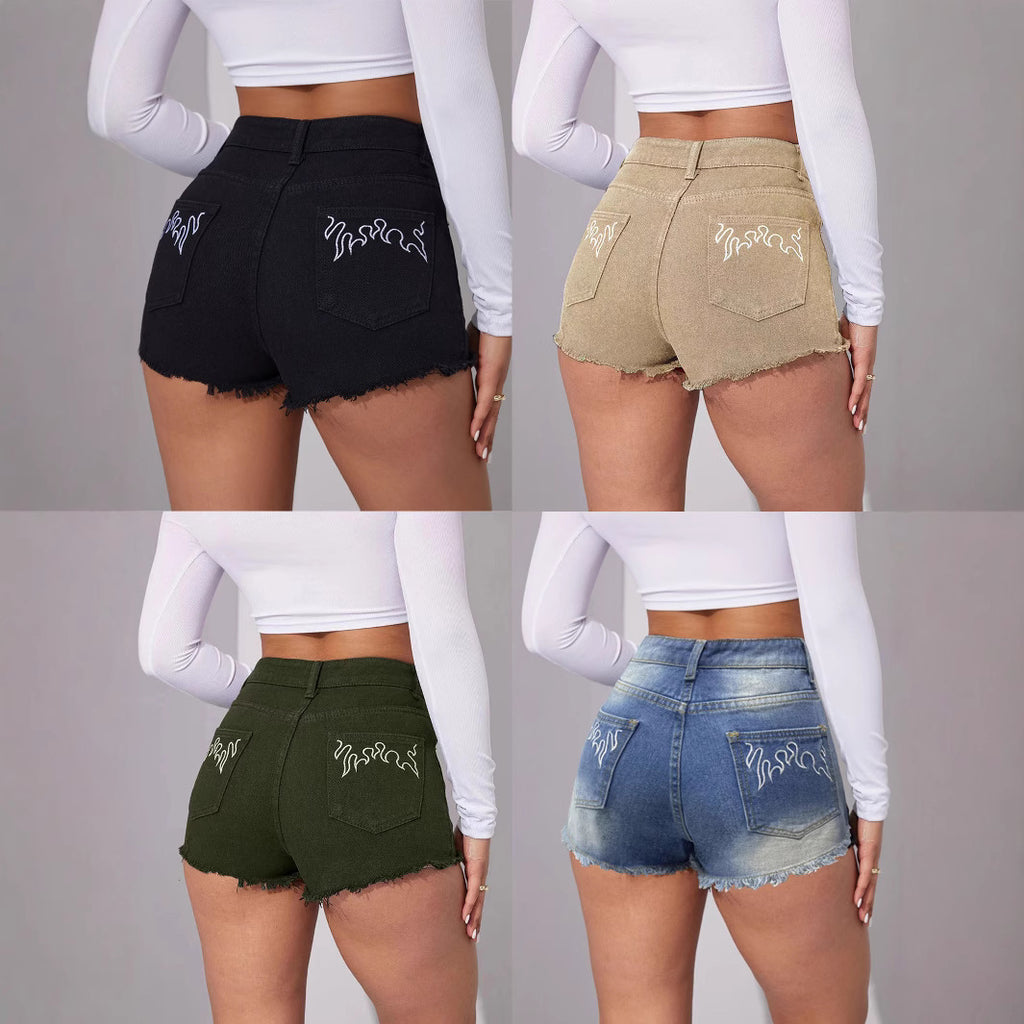 Short en jean brodé élégant et non extensible à taille mi-haute pour femme