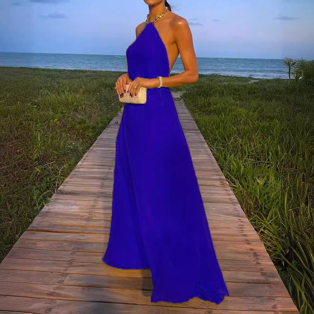 Robe longue dos nu sexy unie à grand décolleté licou