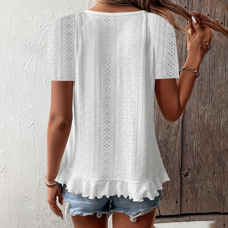 T-shirt à manches courtes et ourlet volanté pour femmes, chemisier décontracté d'été à col rond