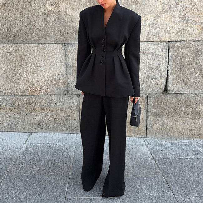 Ensemble deux pièces pantalon et veste de costume ajustée à la taille plissée, col en V et manches longues noires Main Image