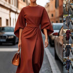 Robe Ample à Manches Chauve-souris, Taille Cintrée, Couleur Unie, Robes Élégantes pour Femme