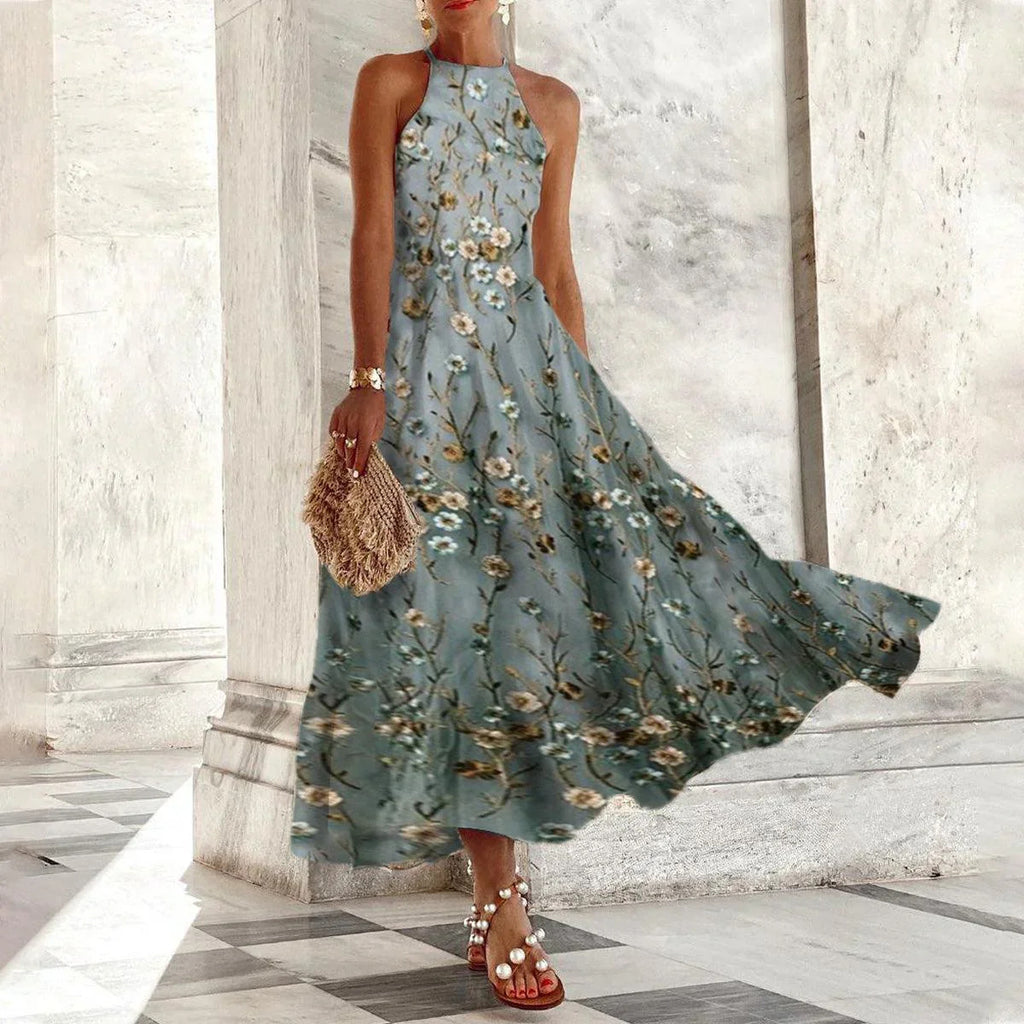 Robe longue confortable sans manches pour femme, à motif porcelaine bleue et blanche
