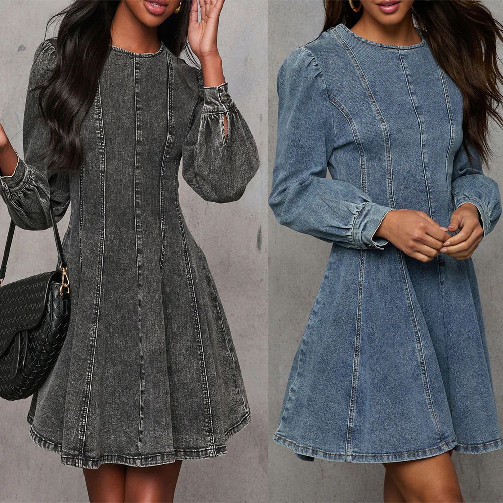 Robe longue en jean à manches longues pour femmes, coupe cintrée, patchwork élégant