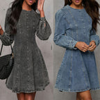 Robe longue en jean à manches longues pour femmes, coupe cintrée, patchwork élégant