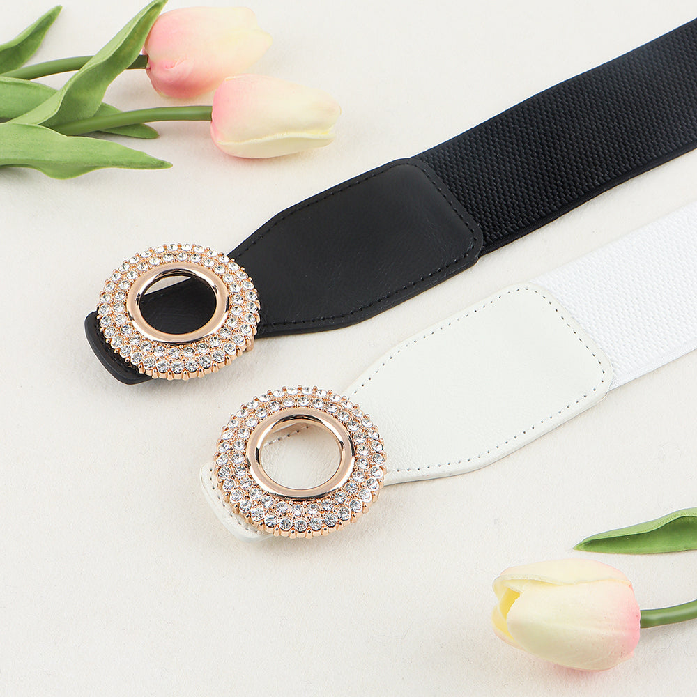 Nouvelle ceinture élastique incrustée de diamants et de strass pour femmes, ceinture de costume à boucle ronde simple pour jupe et chemise