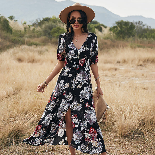 Robe de plage d'été fleurie avec col en V et taille élastique pour femmes