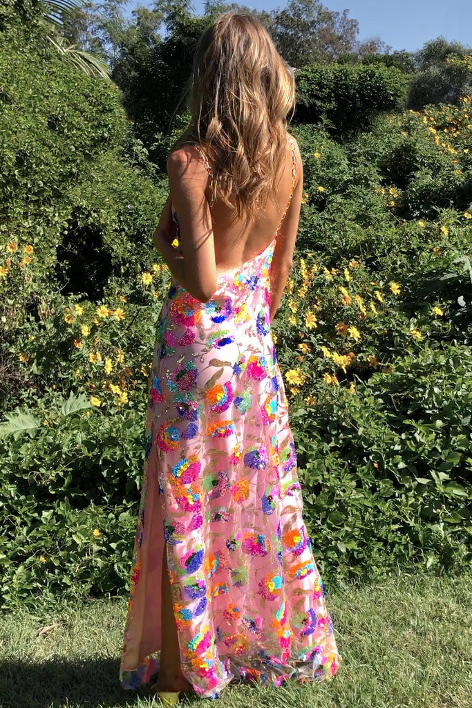 Robe fendue fleurie à sequins tendance pour femme