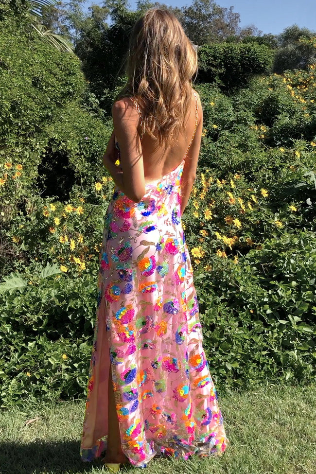 Robe fendue fleurie à sequins tendance pour femme Main Image