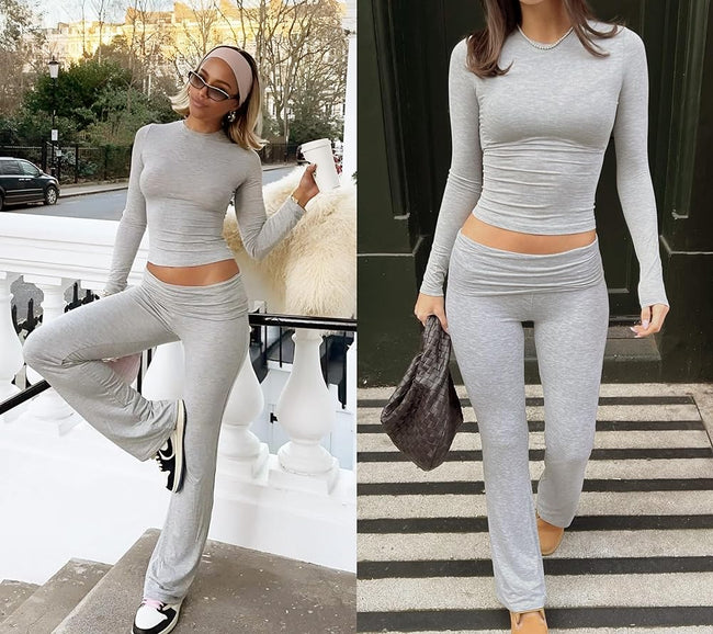 Ensemble deux pièces sport et loisirs, pantalon évasé taille haute pliable à manches longues, survêtement, streetwear Main Image