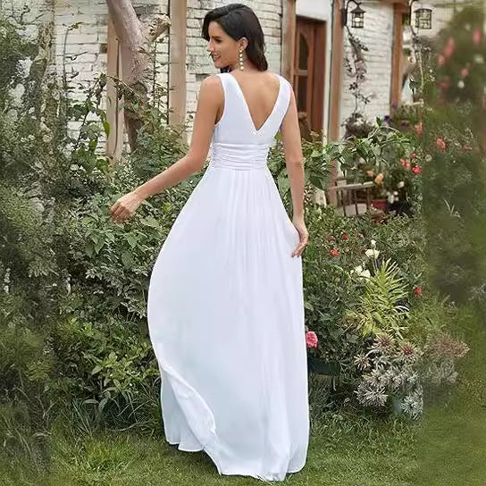Robe longue de soirée élégante en mousseline sans manches avec décolleté en V profond pour femme