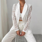 Blazer décontracté blanc brodé de dentelle pour femme