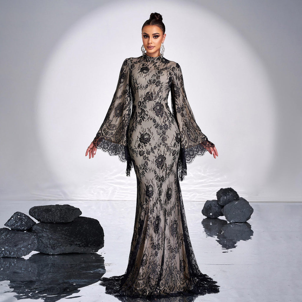Robe de soirée sexy à manches longues et col rond en dentelle