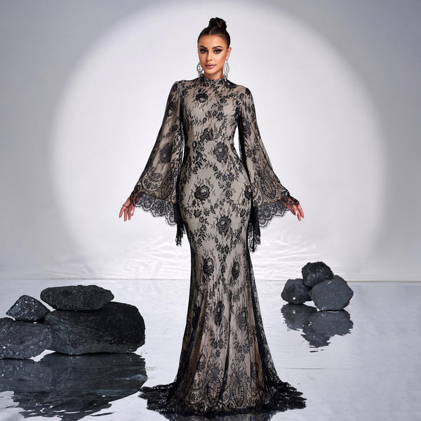 Robe de soirée sexy à manches longues et col rond en dentelle