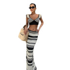 Robe longue deux pièces sexy à manches pétales, crop top et rayures hanches