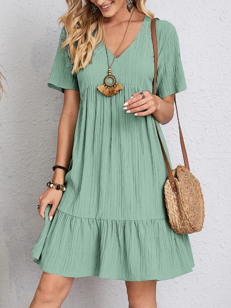 Robe d'été décontractée ample à volants à col en V et manches courtes pour femme, idéale pour la plage