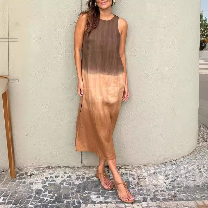 Robe en Tencel sans manches à col rond et à couleur assortie pour l'été