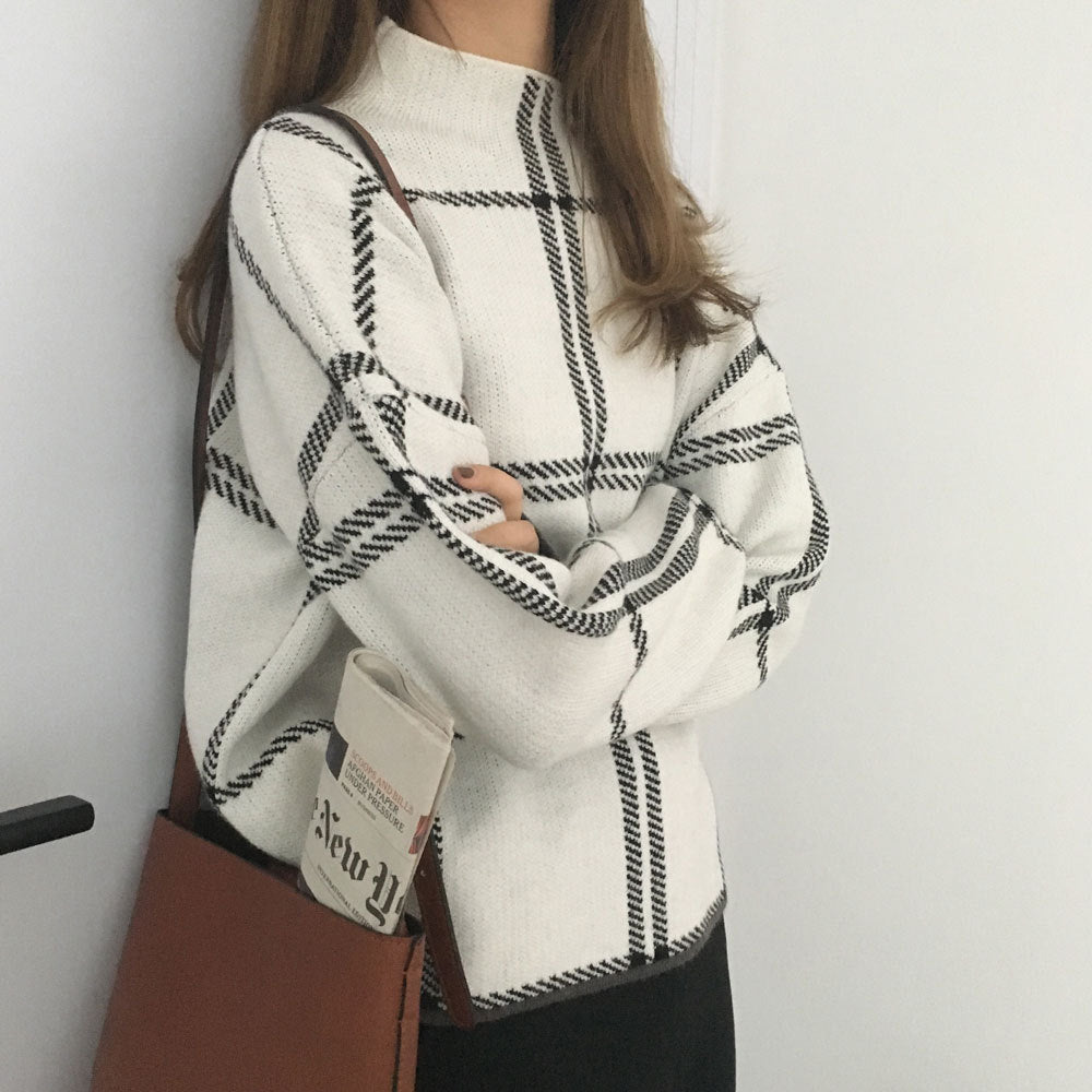 Pull tricoté à col montant en tissu écossais, pour femme