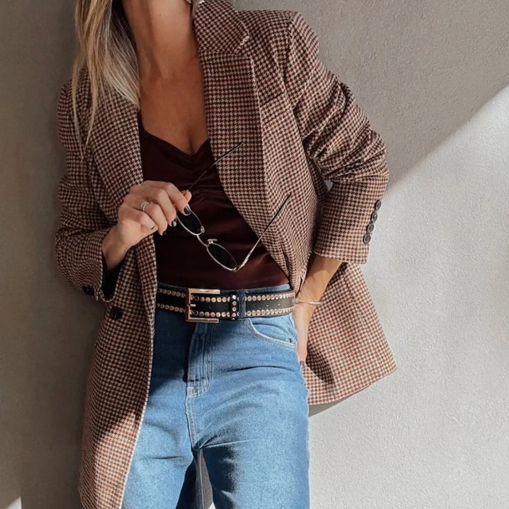 Blazer à revers pied-de-poule marron