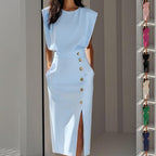Robe midi décontractée sans manches fendue boutonnée d'été pour femme