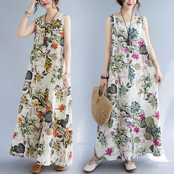 Robe sans manches à col rond en coton et lin imprimé pour femme