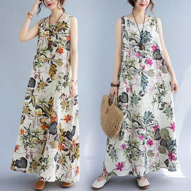 Robe sans manches à col rond en coton et lin imprimé pour femme Hover Image