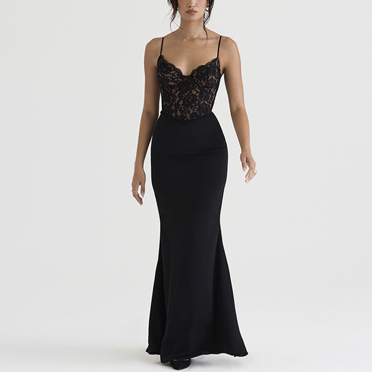 Robe longue à dentelle, taille haute, décolleté plongeant, dos nu, coupe sirène