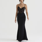Robe longue à dentelle, taille haute, décolleté plongeant, dos nu, coupe sirène