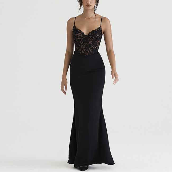 Robe longue à dentelle, taille haute, décolleté plongeant, dos nu, coupe sirène Main Image