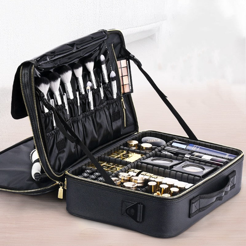 Trousse de Toilette en Cuir Grande Capacité Portable Trousse de Maquillage pour Maquilleur