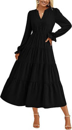 Robe longue fluide à volants superposés pour l'automne