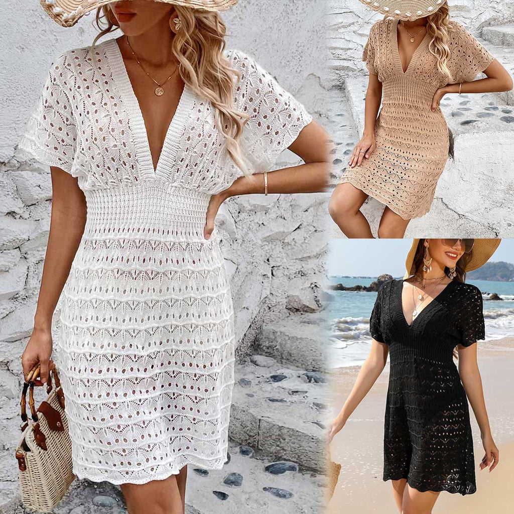 Robe de plage décolleté en V profond, motif vague, ajourée
