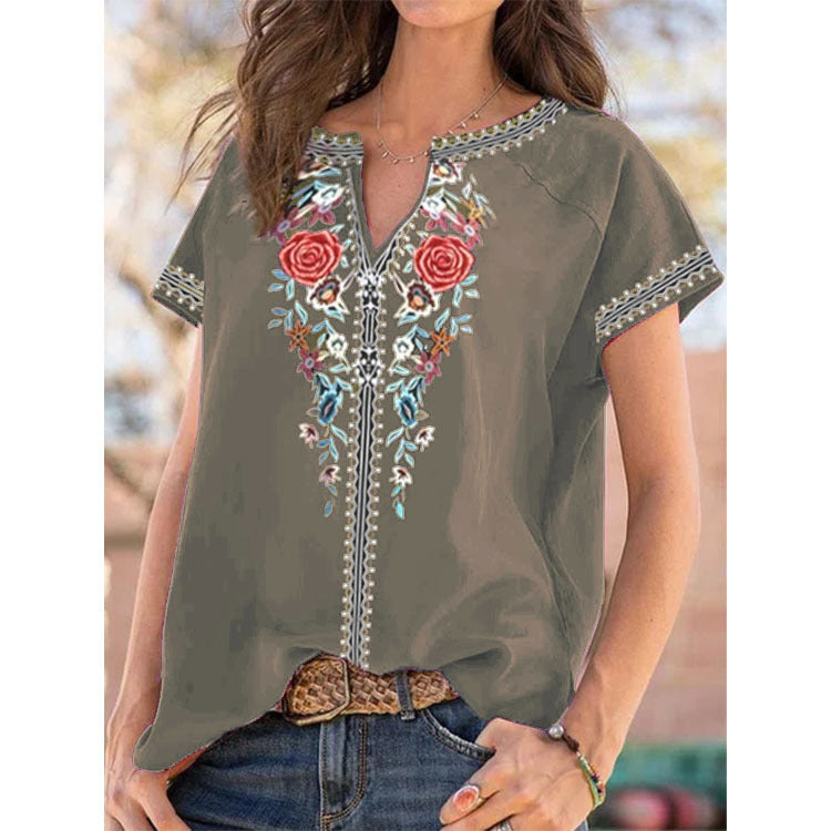 Haut T-shirt femme d'été à manches courtes imprimé ethnique