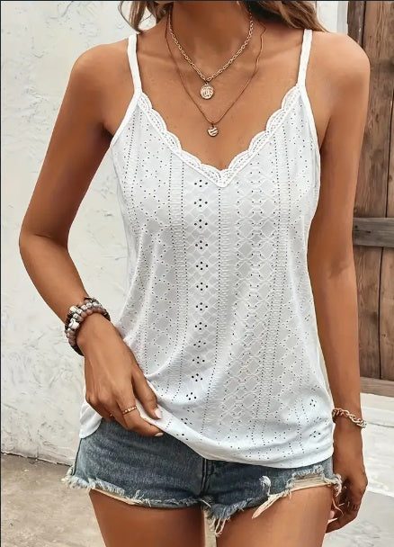 Haut cache-cœur sans manches uni à œillets et bordure festonnée élégante pour le printemps et l'été, vêtements pour femmes Main Image