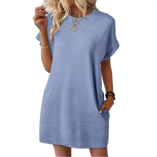 Robe Femme Courte à Manches Courtes Col Rond Ample Couleur Unie avec Poches