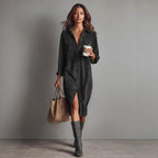 Robe Décontractée Chic à Col Rabattu et Boutons, Robe de Soirée Simple Unie pour Femmes Printemps Automne, Robe Longue à Manches pour Dames en Vacances