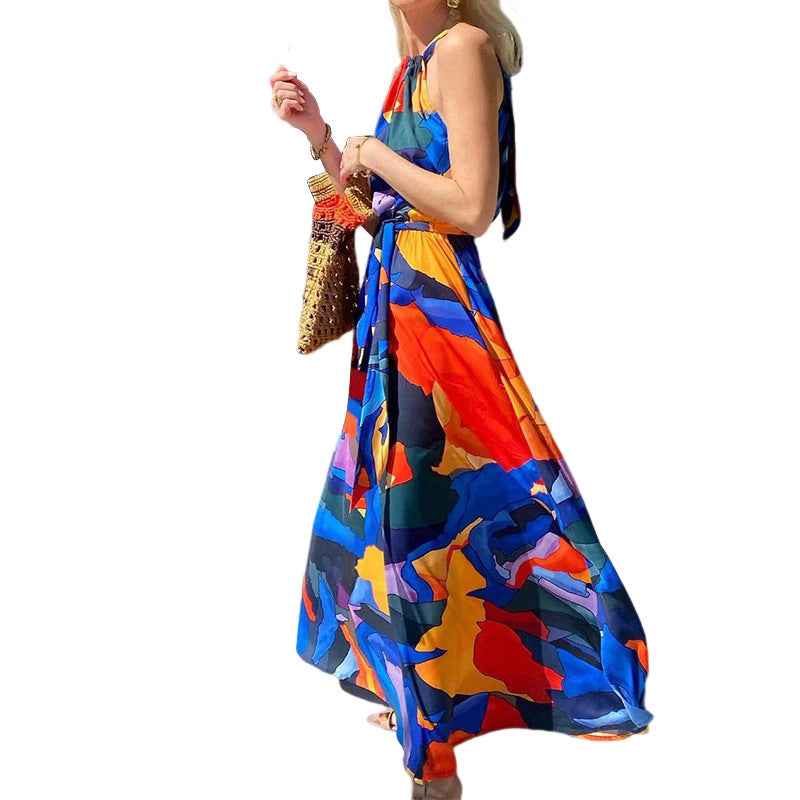 Nouvelle robe bohème imprimée dos nu pour femme