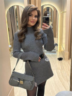 Robe Courte en Maille Ajustée à Manches Longues Couleur Unie pour Femme