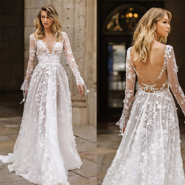Robe de mariée sexy en dentelle à manches longues, robe de soirée Main Image