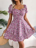Robe Courte Femme Mini Robe Tempérament Grand Balançoire Ourlet Ample Imprimé Floral Robe Froncée Manches Courtes Taille Haute Robe D'Été Vêtements