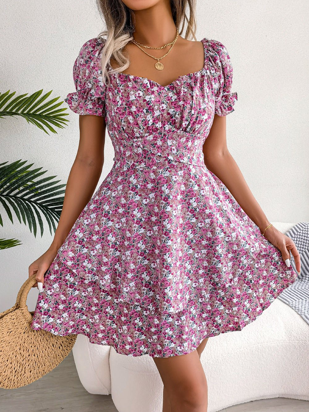 Robe Courte Femme Mini Robe Tempérament Grand Balançoire Ourlet Ample Imprimé Floral Robe Froncée Manches Courtes Taille Haute Robe D'Été Vêtements