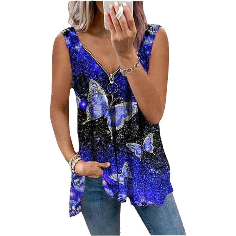 V-neck Zipper Fashion Butterfly Print Loose Vest For Women
