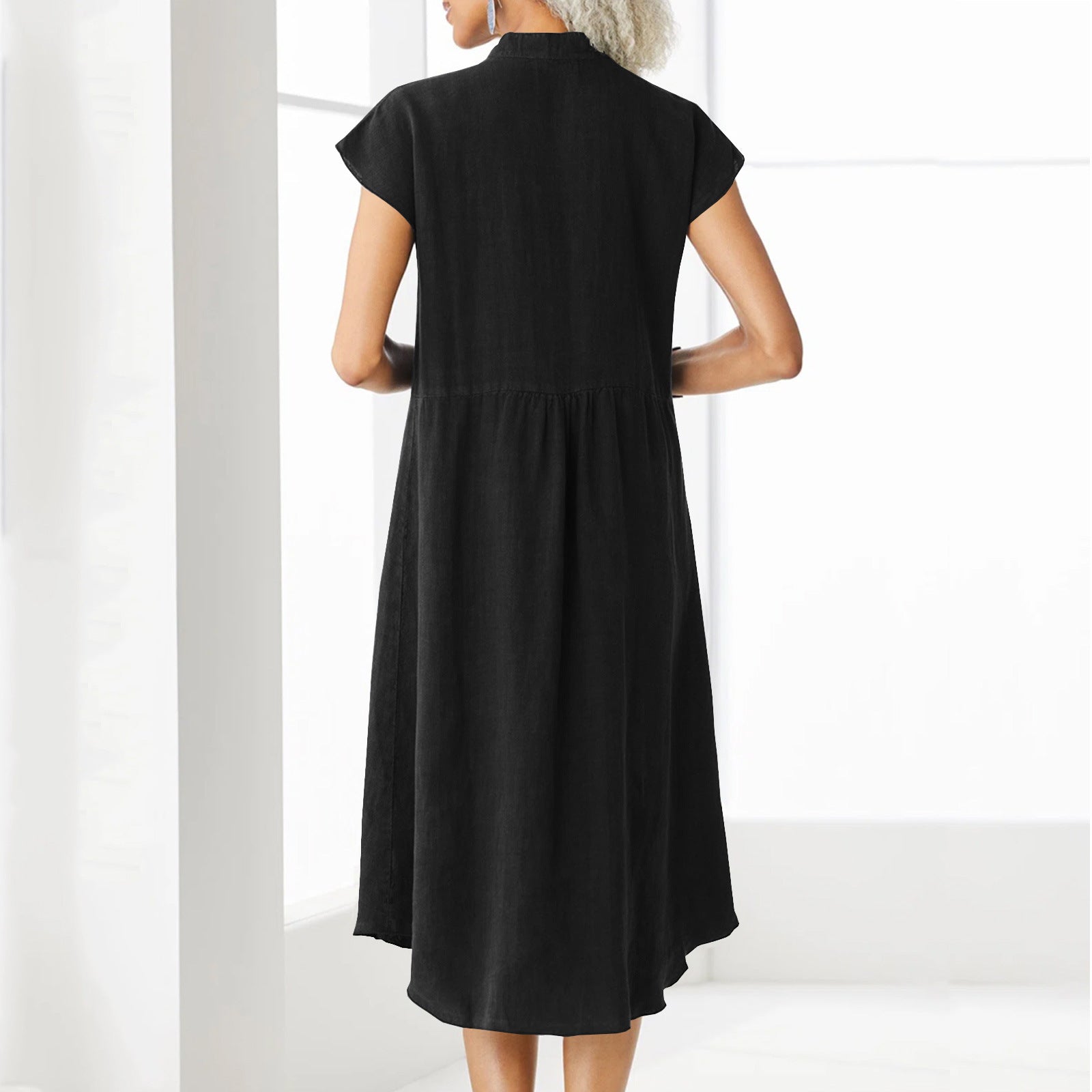 Cardigan Stand Collar Single-breasted Cotton And Linen Pocket Dress