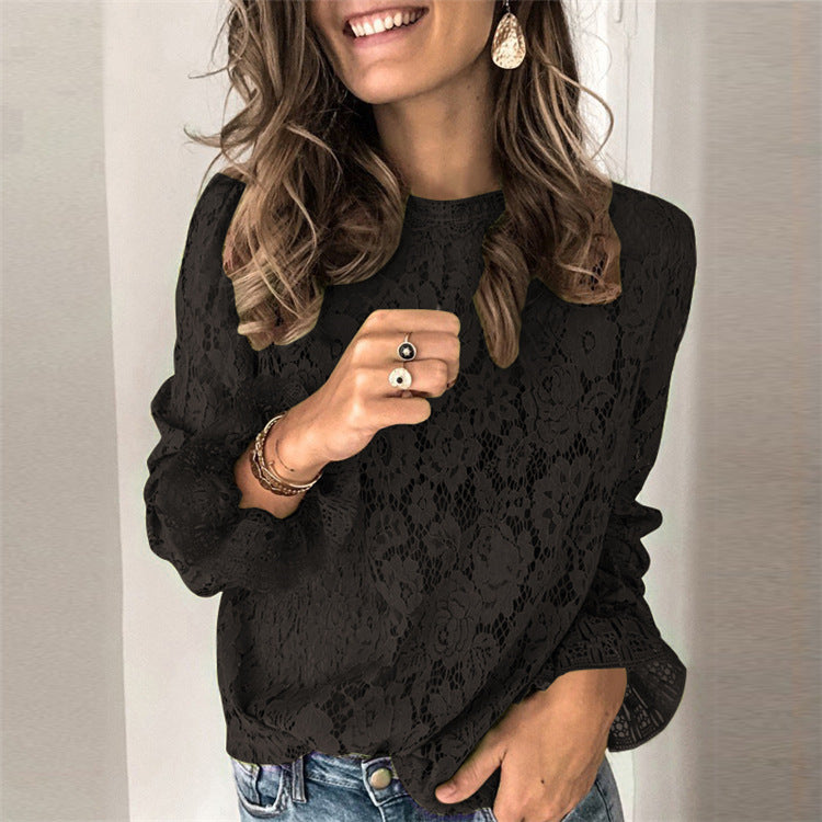 Chemise femme en dentelle évidée à manches longues et manches évasées, très prisée