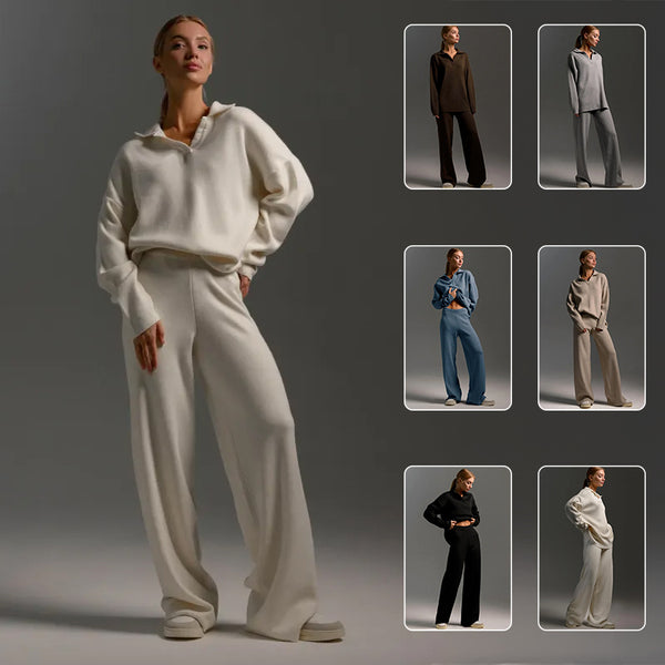 Ensemble de survêtement pour femme, décontracté, avec col, haut à manches longues et pantalon ample à jambes droites, ensemble de sport tendance