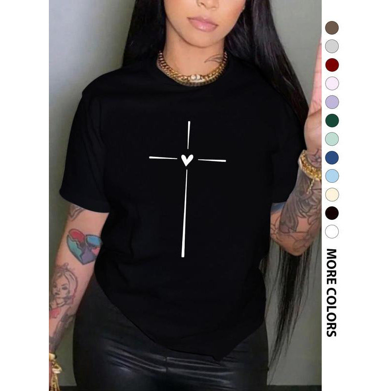 T-shirt ras du cou à motif cœur croisé pour femme